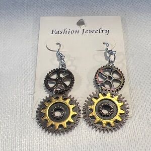 Industrial Gear Drop Earrings in Gold and Silver